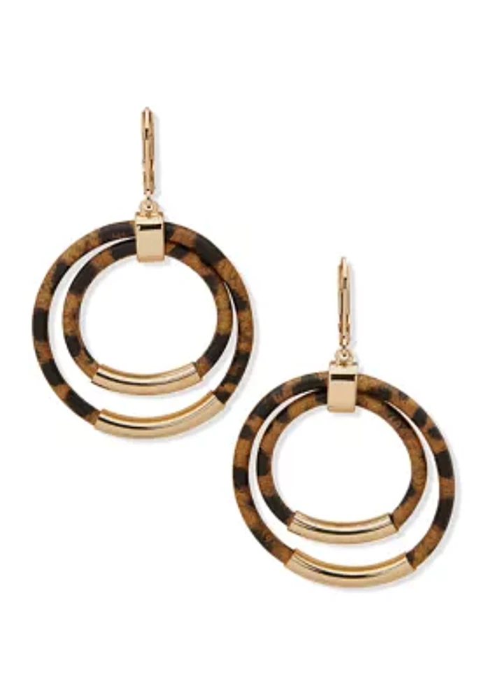 Gold Tone Brown Double ring Orbital Earrings