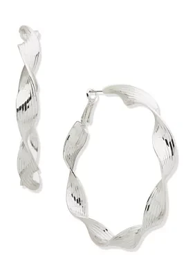 Silver Tone Twisted Click Top Hoop Earrings