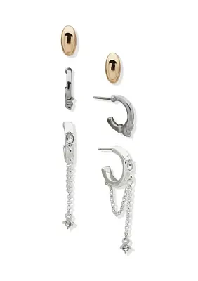 Tri Tone Crystal C Hoop Trio Earrings Set