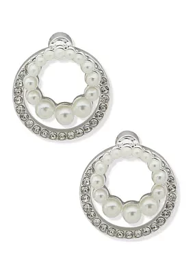 Silver Tone Pearl Crystal Circular Front Back Earrings