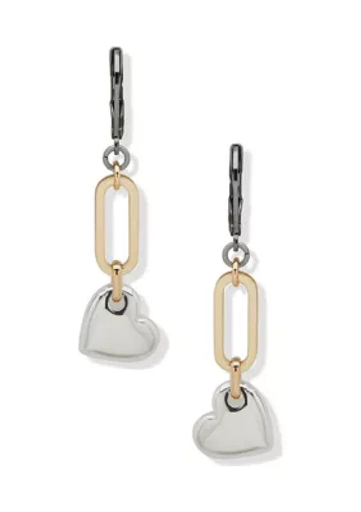 Tri Tone Heart Drop Lever Back Earrings