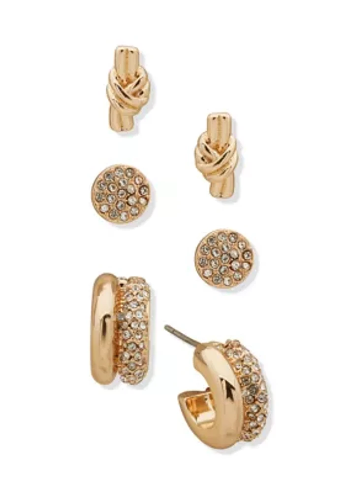 Gold Tone Crystal Knot Trio Earring Set