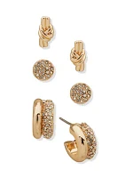 Gold Tone Crystal Knot Trio Earring Set