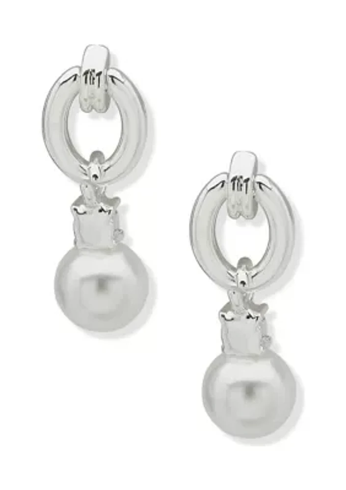 Silver Tone Pearl Crystal Link Drop Post Earrings