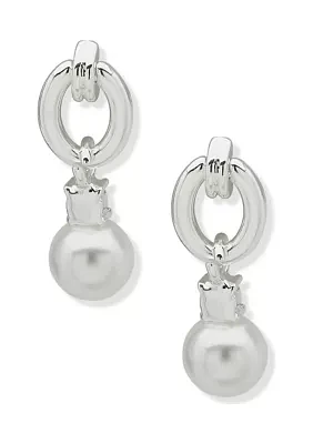 Silver Tone Pearl Crystal Link Drop Post Earrings