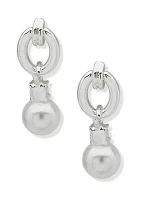 Silver Tone Pearl Crystal Link Drop Post Earrings