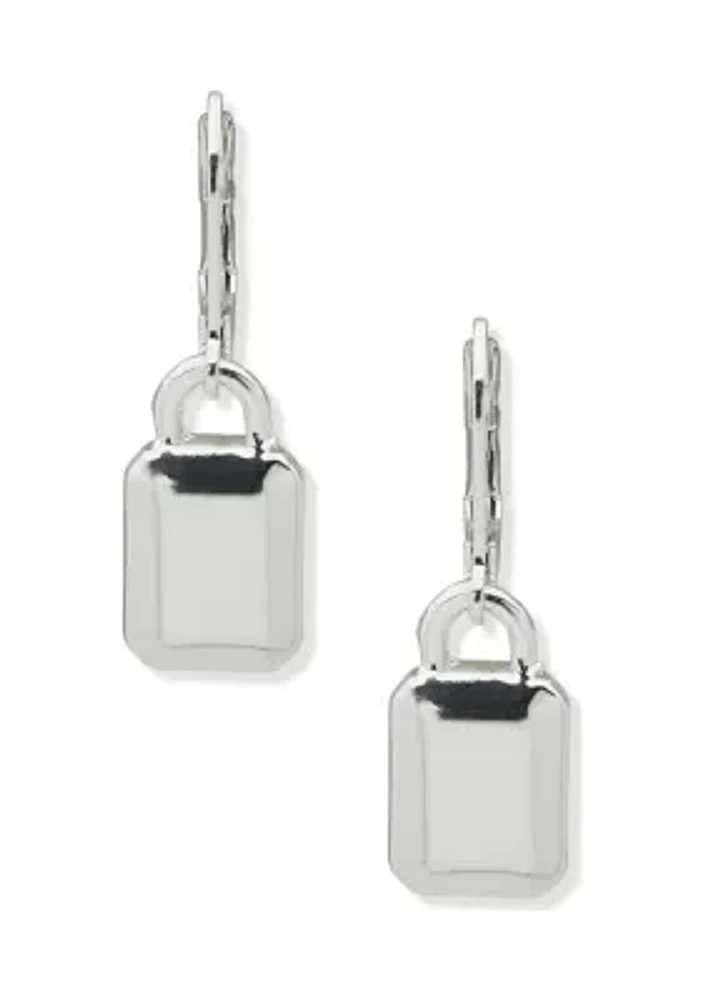 Silver Tone Padlock Lever  Back Earrings