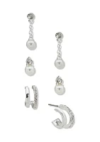 Silver Tone Pearl Crystal Trio Earrings Set