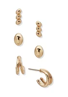 Gold Tone Stud Trio Post Earrings Set