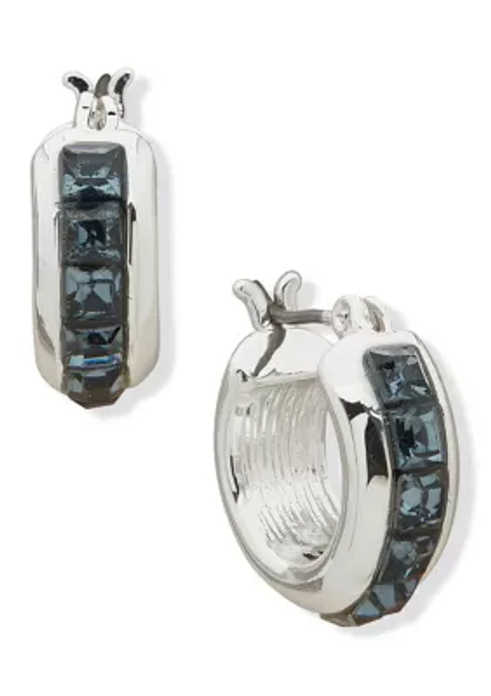 Silver Tone Denim Blue Huggie Hoop Earrings