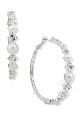 Silver Tone Pearl Crystal 59 Millimeter Click Top Hoop Earrings