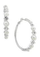 Silver Tone Pearl Crystal 59 Millimeter Click Top Hoop Earrings