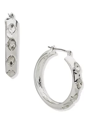 36 Millimeter Silver Tone Crystal Stone Hoop Earrings