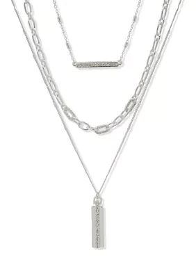 Silver Tone Crystal Multirow Dog Tag Pendant Necklace