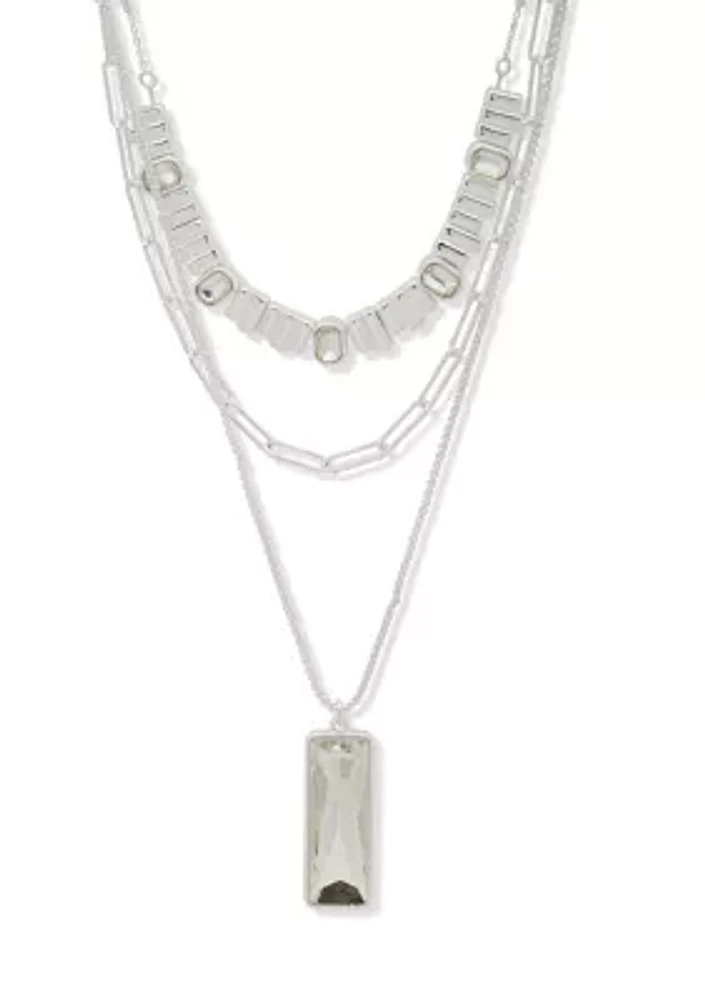 Silver Tone Crystal Bar Pendant Multirow Necklace