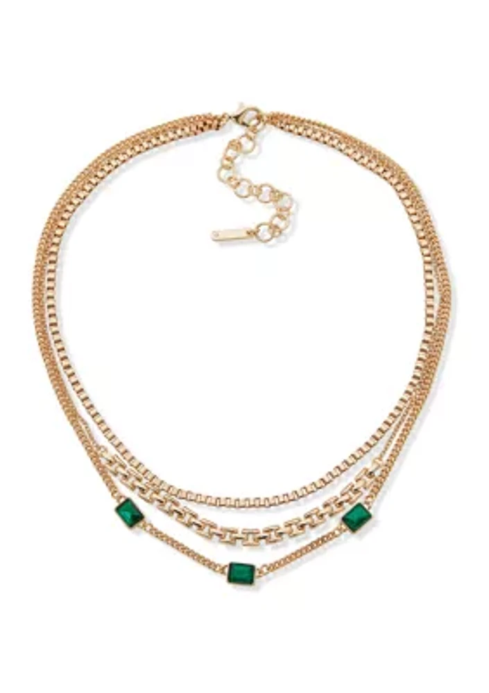 Gold Tone Emerald Multi Row Necklace