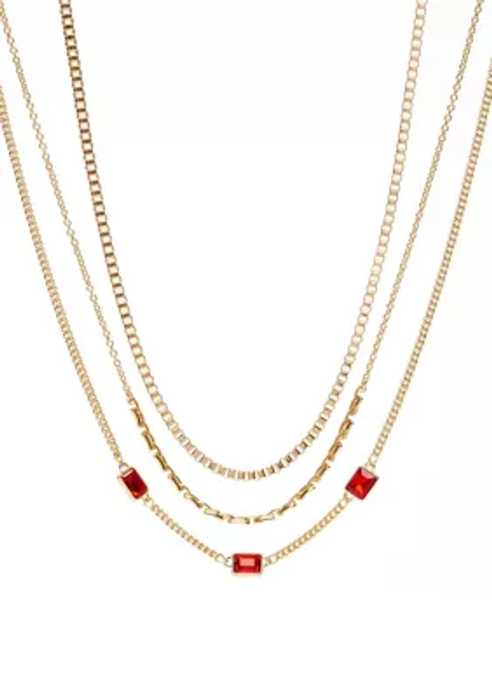 Gold Tone Multi Row Red Stone Necklace