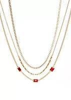 Gold Tone Multi Row Red Stone Necklace