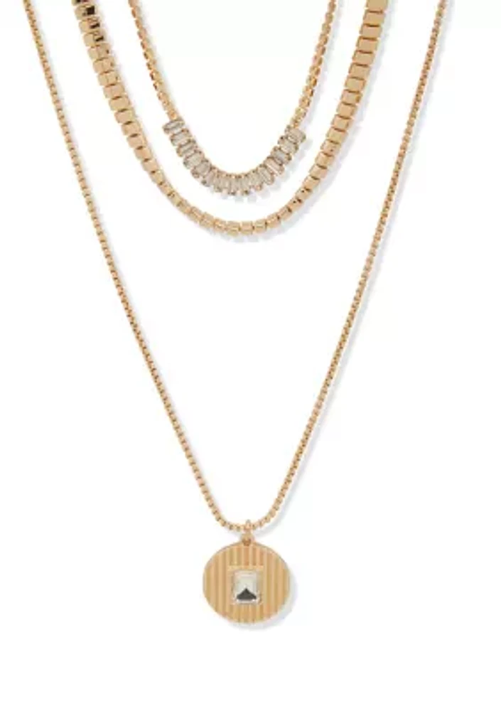 Gold Tone Crystal 3 Row Necklace