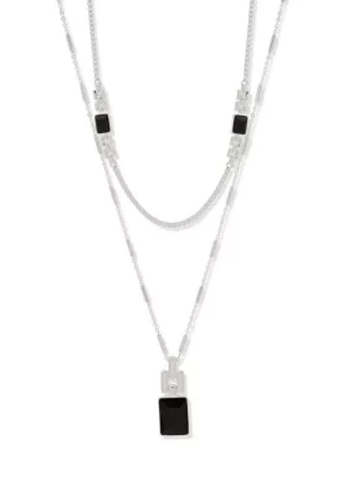 Silver Tone Stone Multi Row Long Necklace