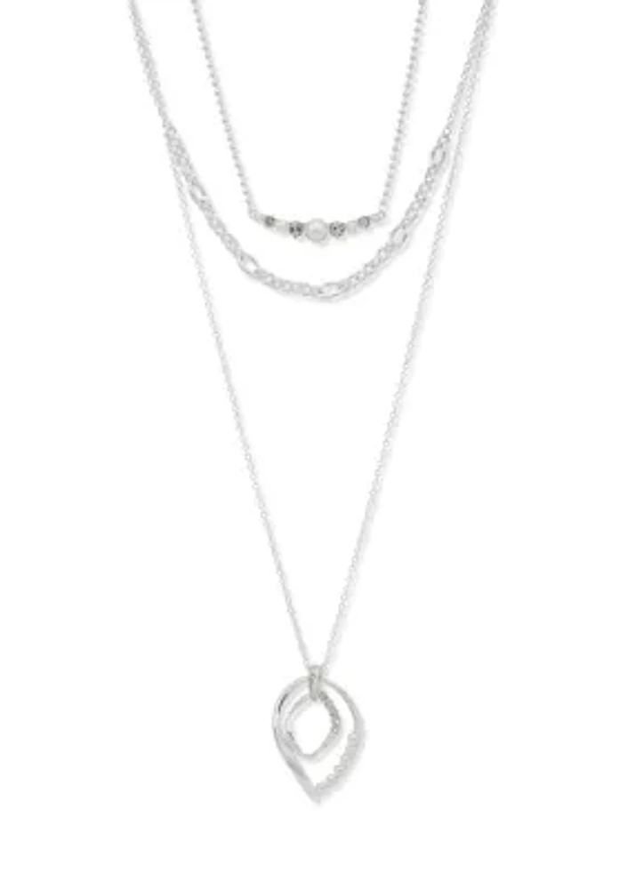 Silver Tone Pearl Crystal Multi Row Necklace