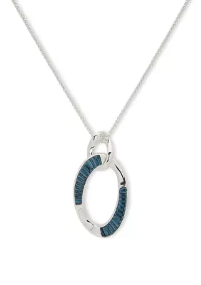 Silver Tone Denim Blue Long Oval Pendant Necklace