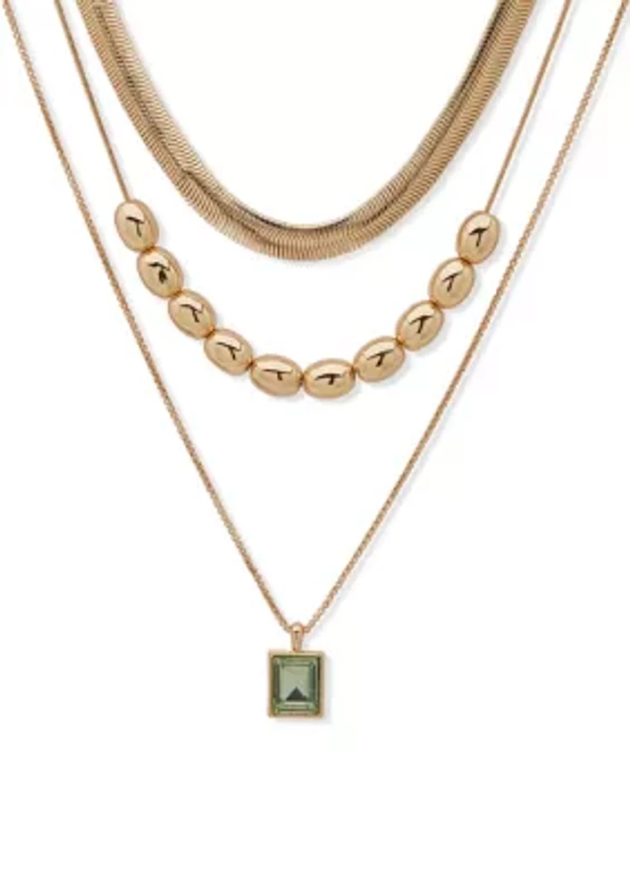 Gold Tone Green Gem Multi Row Necklace