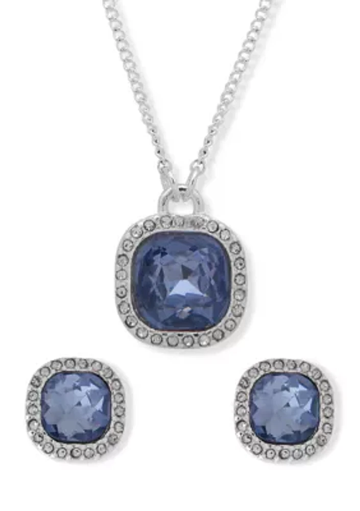 Silver Tone Blue Cushion Boxed Necklace and Earrings Set