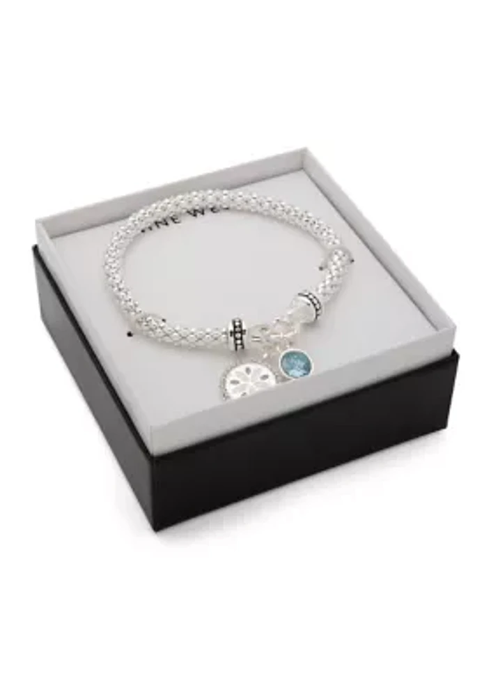 Silver Tone Sand Dollar Stretch Bracelet - Aqua Boxed Jewelry 