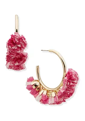 Gold Tone Raffia Pom C Hoop Earrings