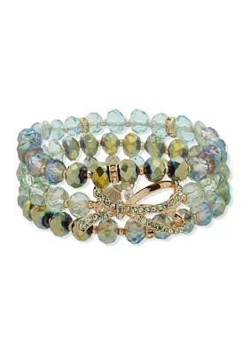 Gold Tone Green 3 Row Stretch Bracelet