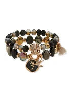 Gold Tone Black Beaded Stretch Bracelet Set