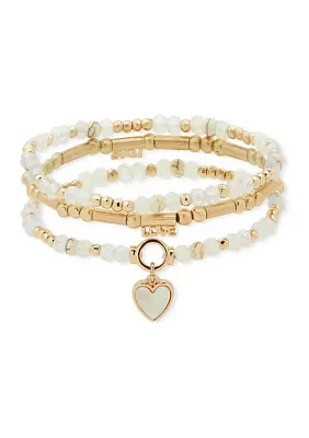 Gold Tone White Beaded Heart Charm Stretch Bracelet Set