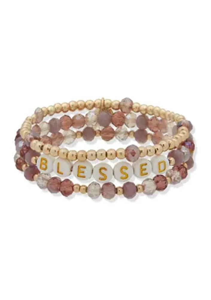 Gold Tone Purple Beaded Blessed Stretch Bracelet Set