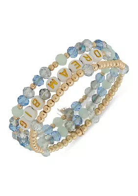 Gold Tone Blue Beaded Dream Big Stretch Bracelet Set