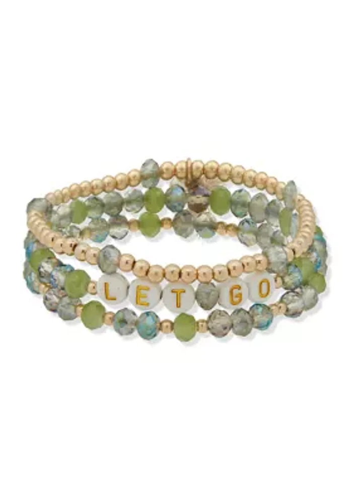 Gold Tone Green Beaded Let Go Stretch Bracelet Set