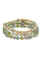 Gold Tone Green Beaded Let Go Stretch Bracelet Set