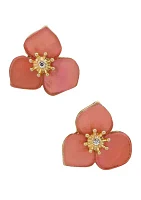 Gold Tone Pink Flower Stud Earrings