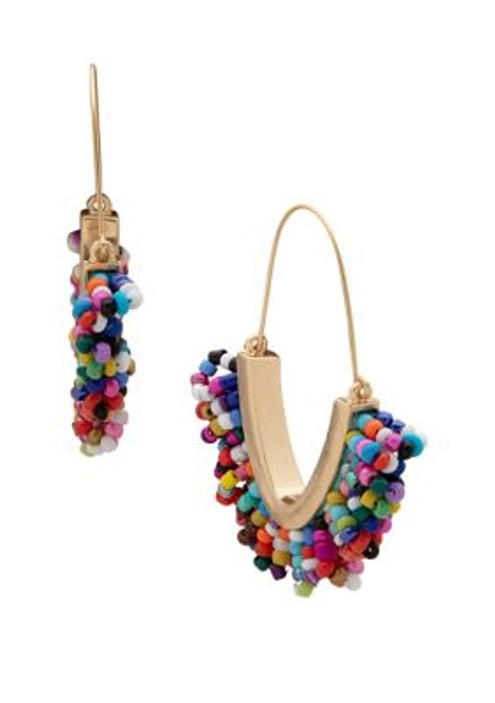 Gold Tone Multi Colored Hoop with Bead Drops Earrings