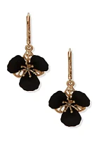 Gold Tone Black Flower Drop Earrings