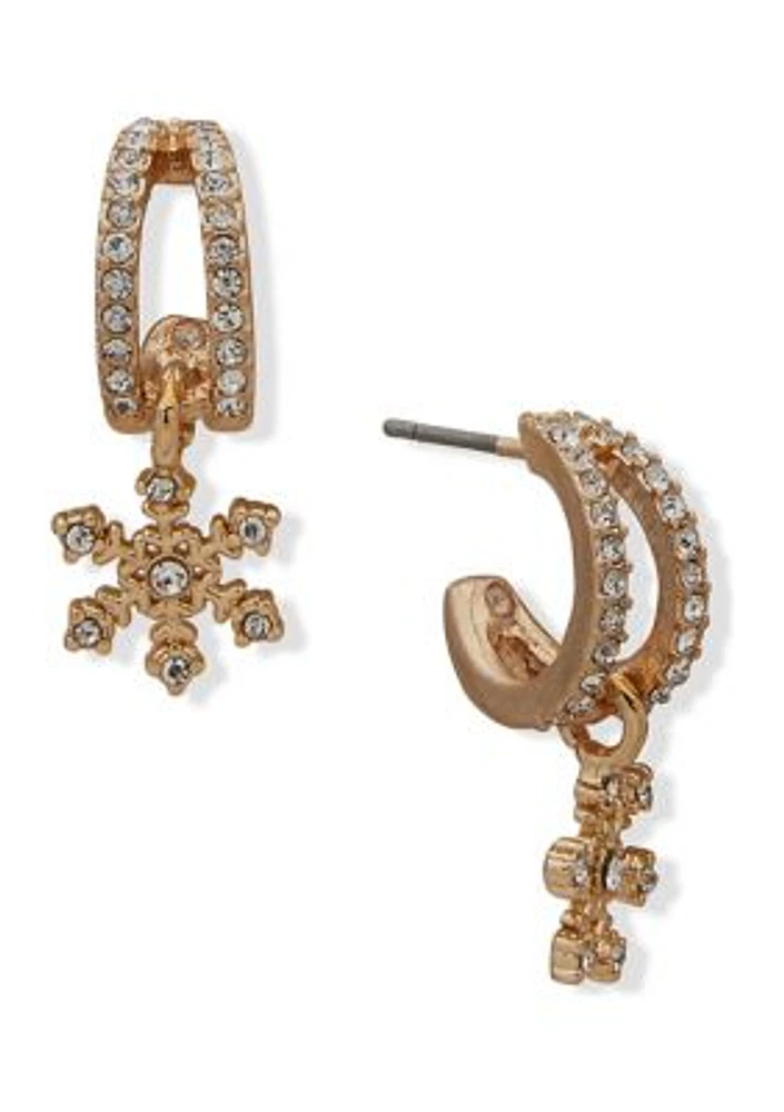 Gold Tone Crystal Hoop with Pavé Snowflake Earrings