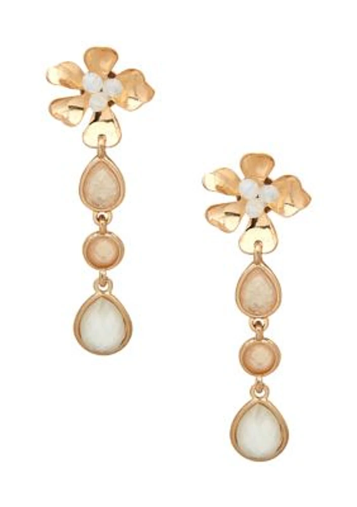 Gold Tone White Flower Linear Earrings