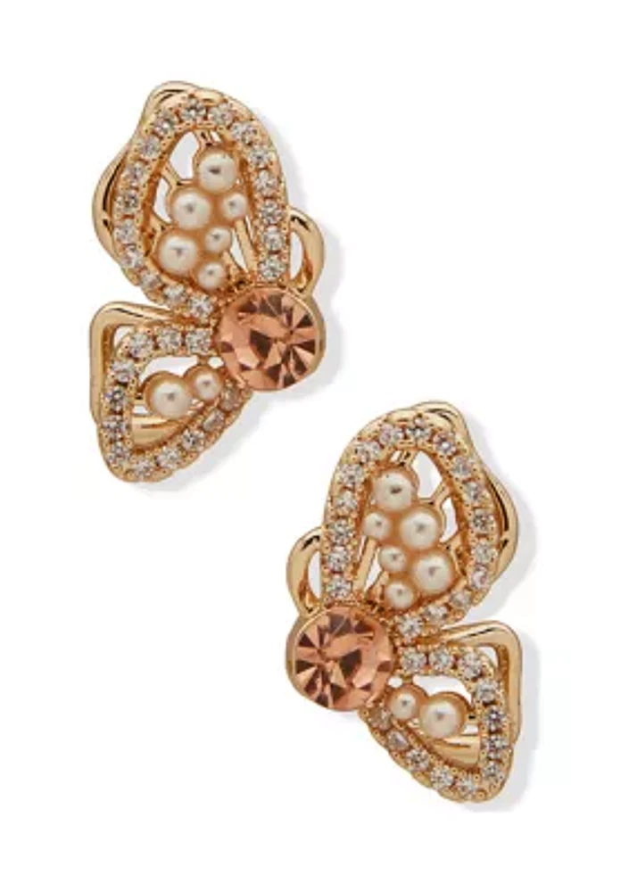 Gold Tone White Pearl Butterfly Stud Earrings