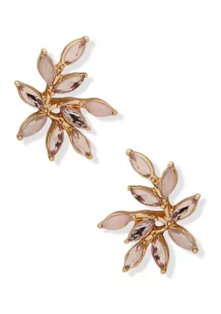 Gold Tone White Stone Leaf Stud Earrings