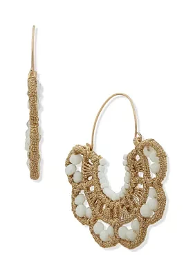 Gold Tone White Scalloped Crochet Hoop Earrings