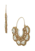 Gold Tone White Scalloped Crochet Hoop Earrings