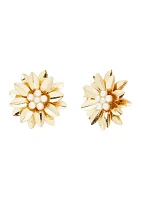 Gold Tone Pearl Center Flower Stud Earrings