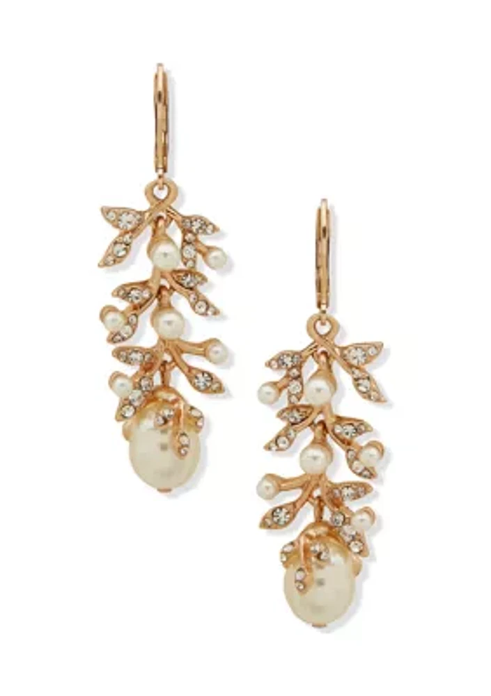 Gold Tone Crystal Pearl Linear Branch Earrings