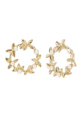 Gold Tone Pearl Open Flower Earrings