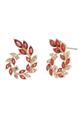 Gold Tone Open Leaf Burgundy Wreath Earrings